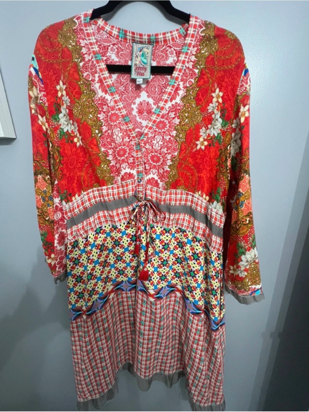 Johnny Was Red Mixed-Print Long Sleeve V-Neck Tunic Dress